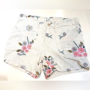 dylan khaki Linen-Blend Embroidered Floral Shorts with Pink & Green